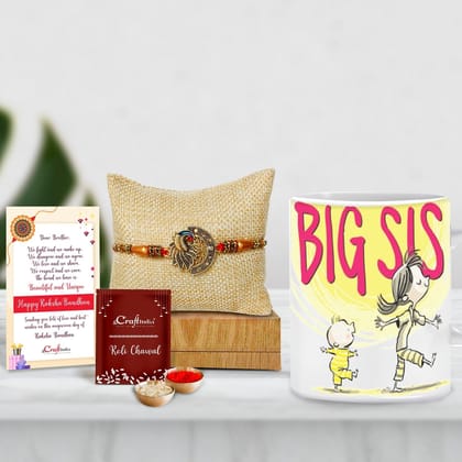 Designer Peacock Rakhi with Mug for Brother and Roli Chawal Pack, Best Wishes Greeting Card