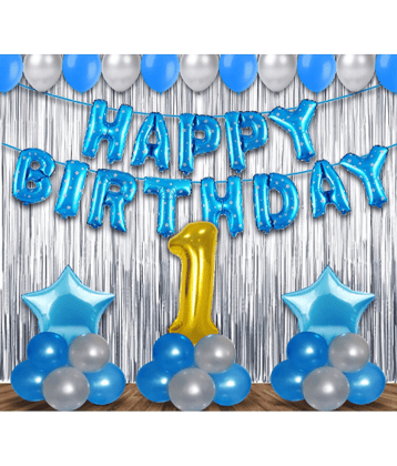 Jolly Party   birthday Decoration kit for 1st Birthday Boys-56 pcs with Foil Curtain , B day Supplies Items with Blue HBD foil Balloon, Number Foil Balloons