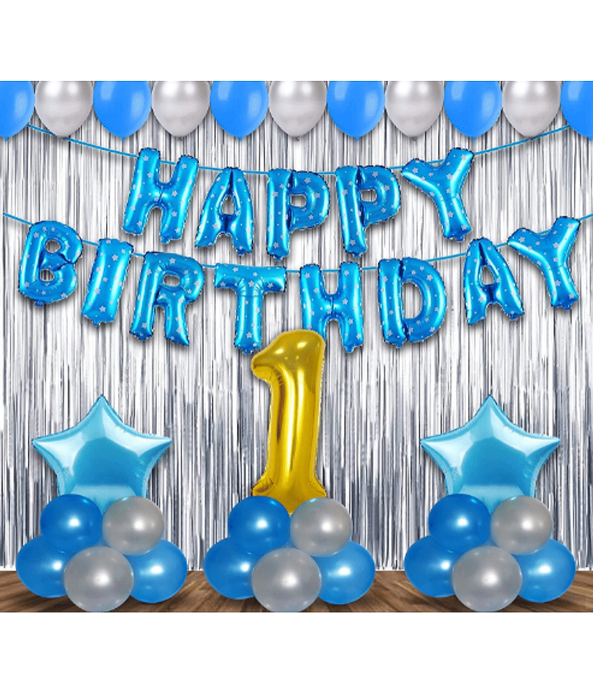 Jolly Party   birthday Decoration kit for 1st Birthday Boys-56 pcs with Foil Curtain , B day Supplies Items with Blue HBD foil Balloon, Number Foil Balloons