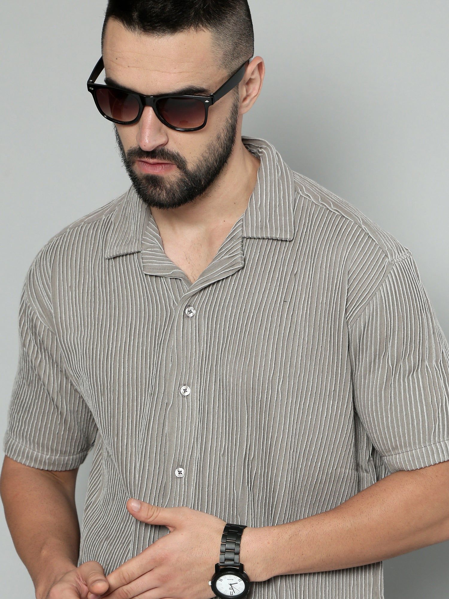 Crochet Grey Half Sleeve Shirt-S / Grey