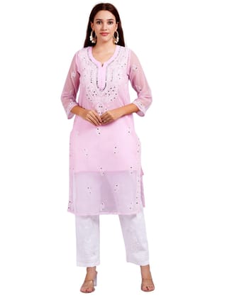 MRS RIGHT CHIKANKARI MIRROR EMBROIDERED PINK KURTI WITH WHITE PANT SET FOR WOMEN AND GIRLS