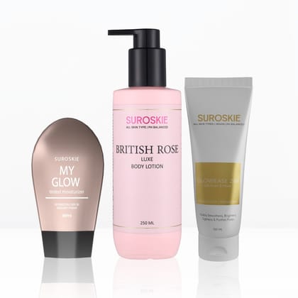 Glow Combo (Glow Ease & My Glow & British Rose Body Lotion With Shea And Cocoa Butter Lotion)-Light