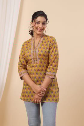 Ulfat Zareen Mustard Yellow Printed Top-S / Mustard / Mustard