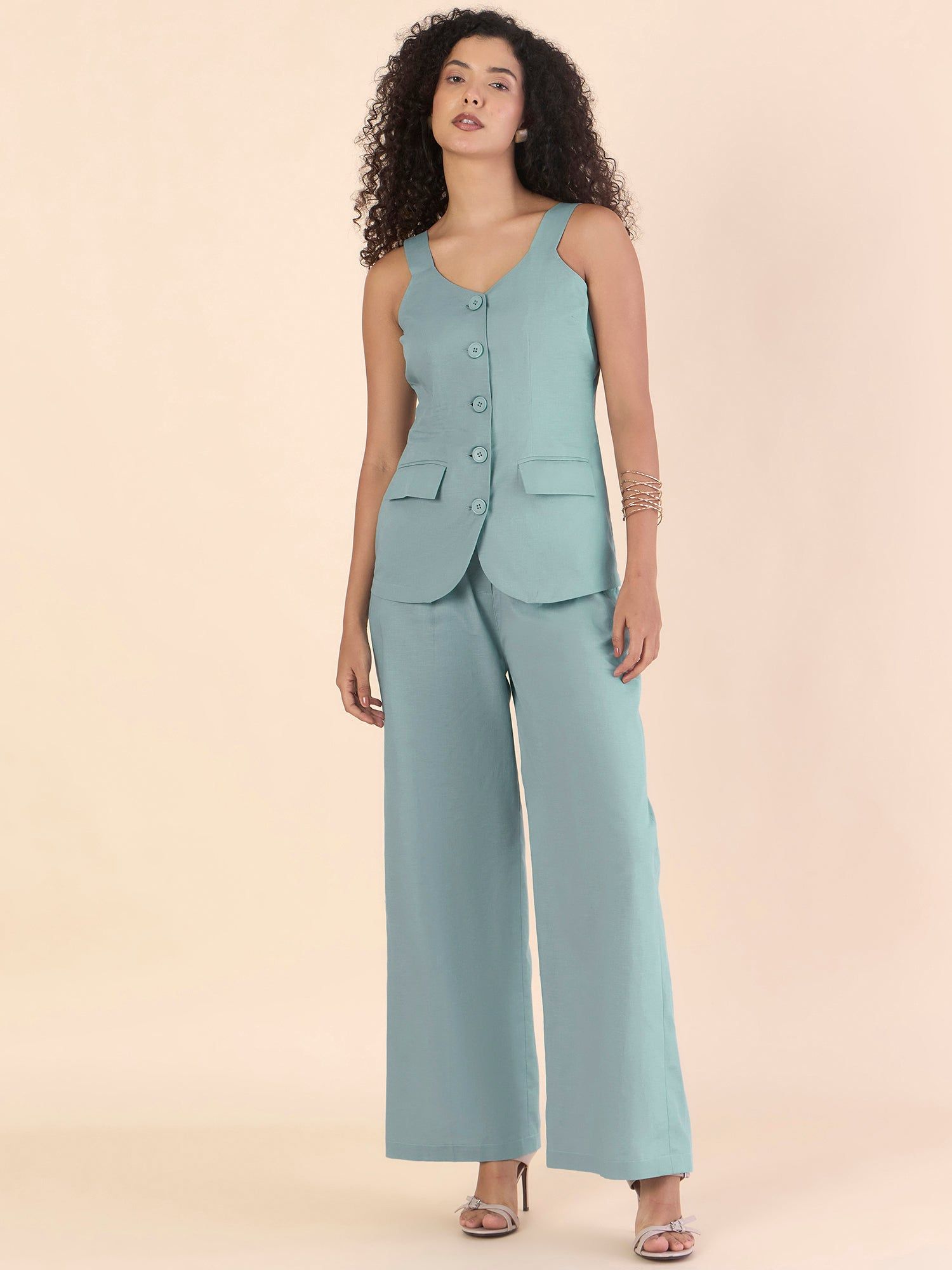 Light-Blue  Breezy Women V-Neckline vest with straight relax-fit Cotton-Bland Co-ords Set-XS