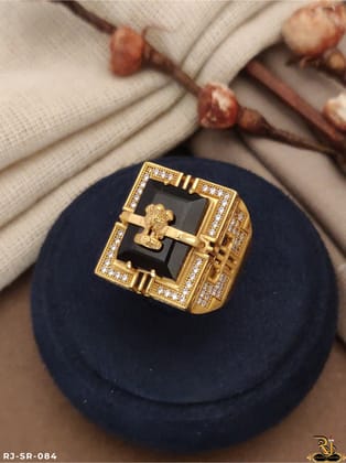 Claasical Square Ashok Logo Black Ston Ring SR-084-18