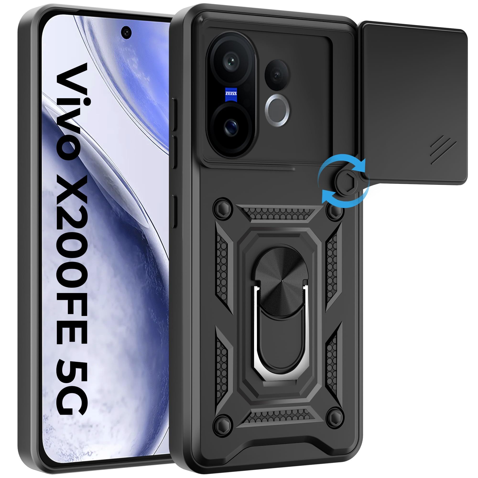 A rtistque Armor Bumper Back Case Cover for Vivo X200 Fe 5G | Stylish Ring Holder & Inbuilt Stand | Sliding Camera Cover | Shockproof TPU Protective Design | Vivo X200 Fe Back Cover - Black A rtistque Armor Bumper Back Case Cover for Vivo X200 Fe 5G | St