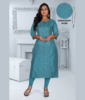 RIAANA Women Chanderi Embroidered Straight Kurti ( Green )