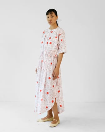 White and Red Printed Elastic Wasit Side Slit Cotton Dress-XS