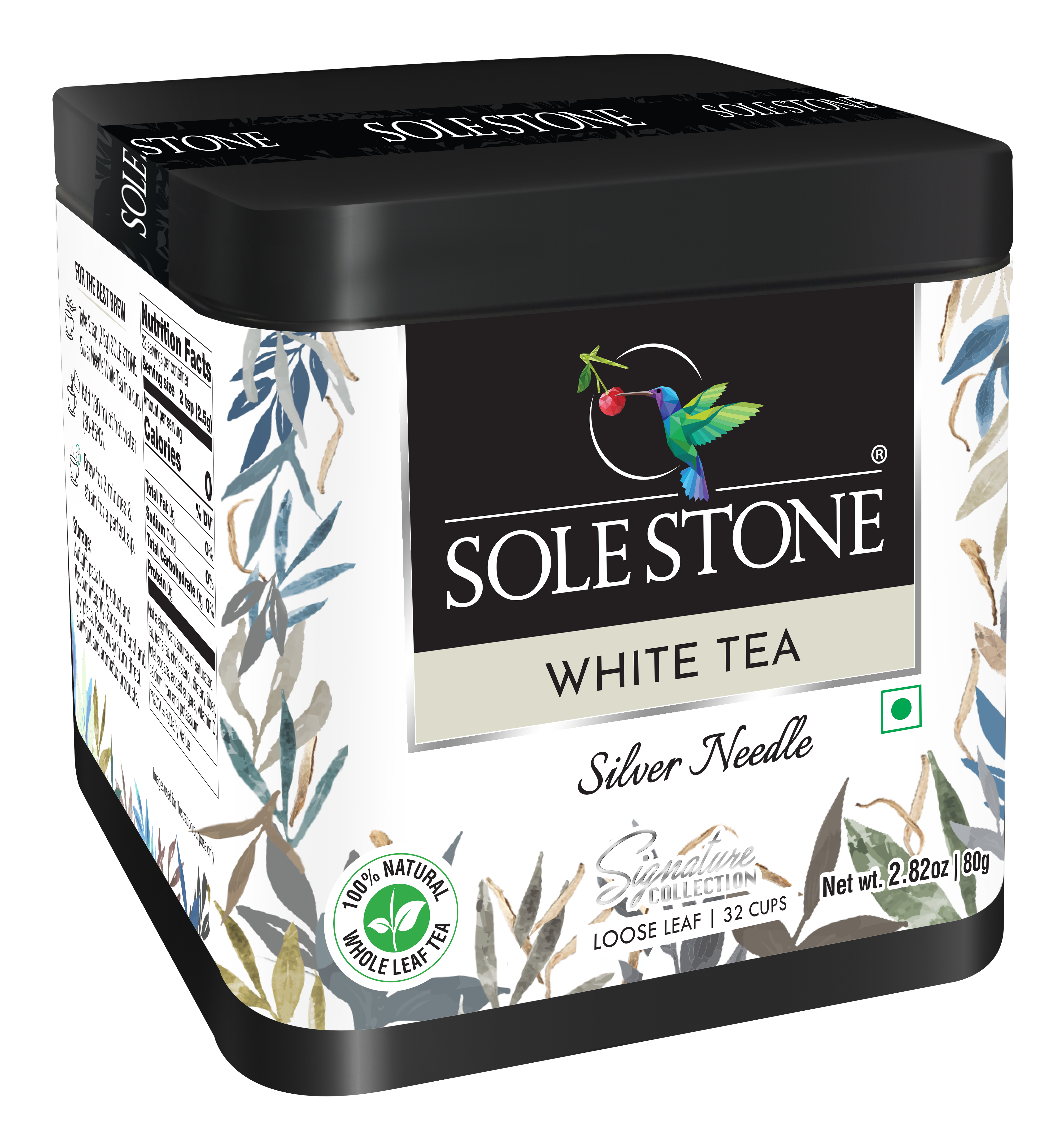 SOLE STONE Silver Needle White Tea, 0% bitterness, Whole Tea Buds, Gourmet Tin Pack, Natural Antioxidants - 80 Gms