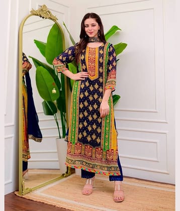 fvd Chanderi Silk Printed Kurti With Pants Women's Stitched Salwar Suit - Blue ( Pack of 1 )