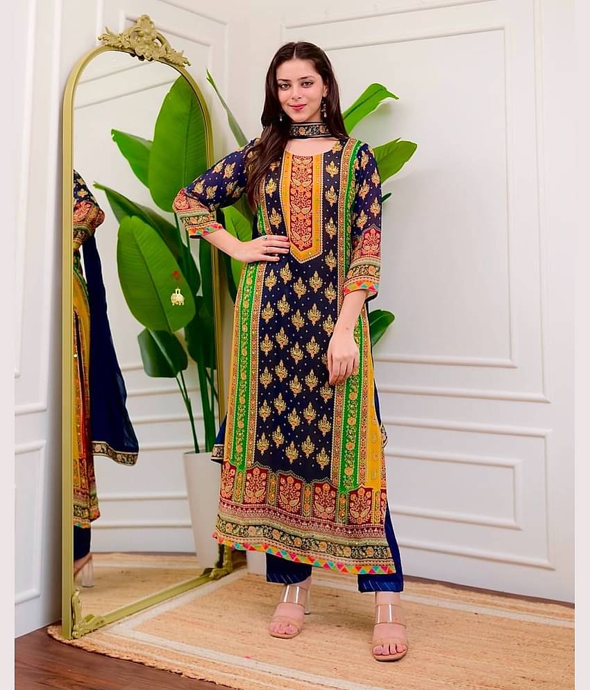 fvd Chanderi Silk Printed Kurti With Pants Women's Stitched Salwar Suit - Blue ( Pack of 1 )