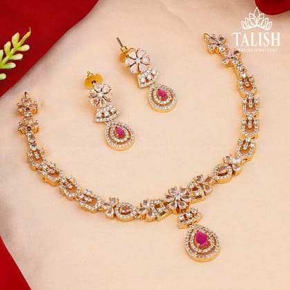 Gold-Plated Floral Necklace Set with Pink and White American Diamond Stones