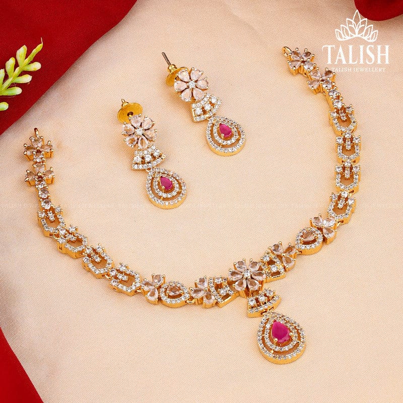 Gold-Plated Floral Necklace Set with Pink and White American Diamond Stones