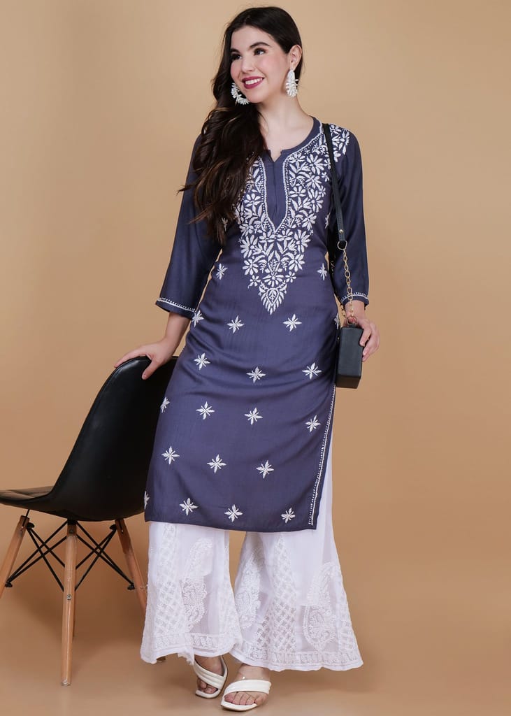 Chikankari Hand-Embroidered Rayon Straight Kurta Grey
