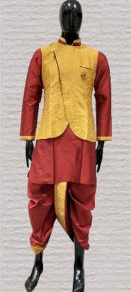 Mens Stylish Designer Wedding Dhoti Kurta With Jacket-4347 / Maroon / 36