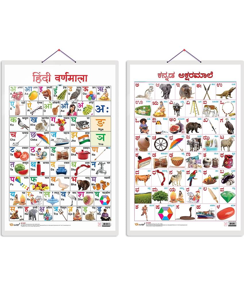 Set of 2 Hindi Varnamala and Kannada Alphabet Early Learning Educational Charts for Kids | 20"X30" inch |Non-Tearable and Waterproof | Double Sided Laminated | Perfect for Homeschooling, Kindergarten and Nursery Students