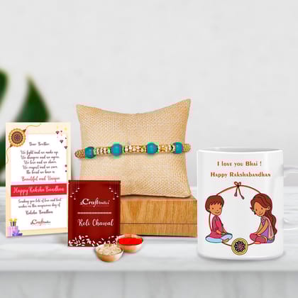 Designer Pearl Rakhi with Mug for Brother and Roli Chawal Pack, Best Wishes Greeting Card