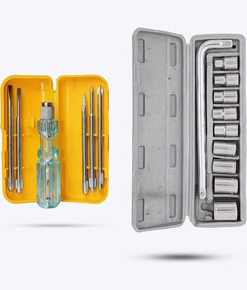 Aldeco Hand Tool Kit 5in1 Screw Driver Set with 10 Pcs Socket Set.Combination Hand Tools for Domestic & Industrial Purpose.