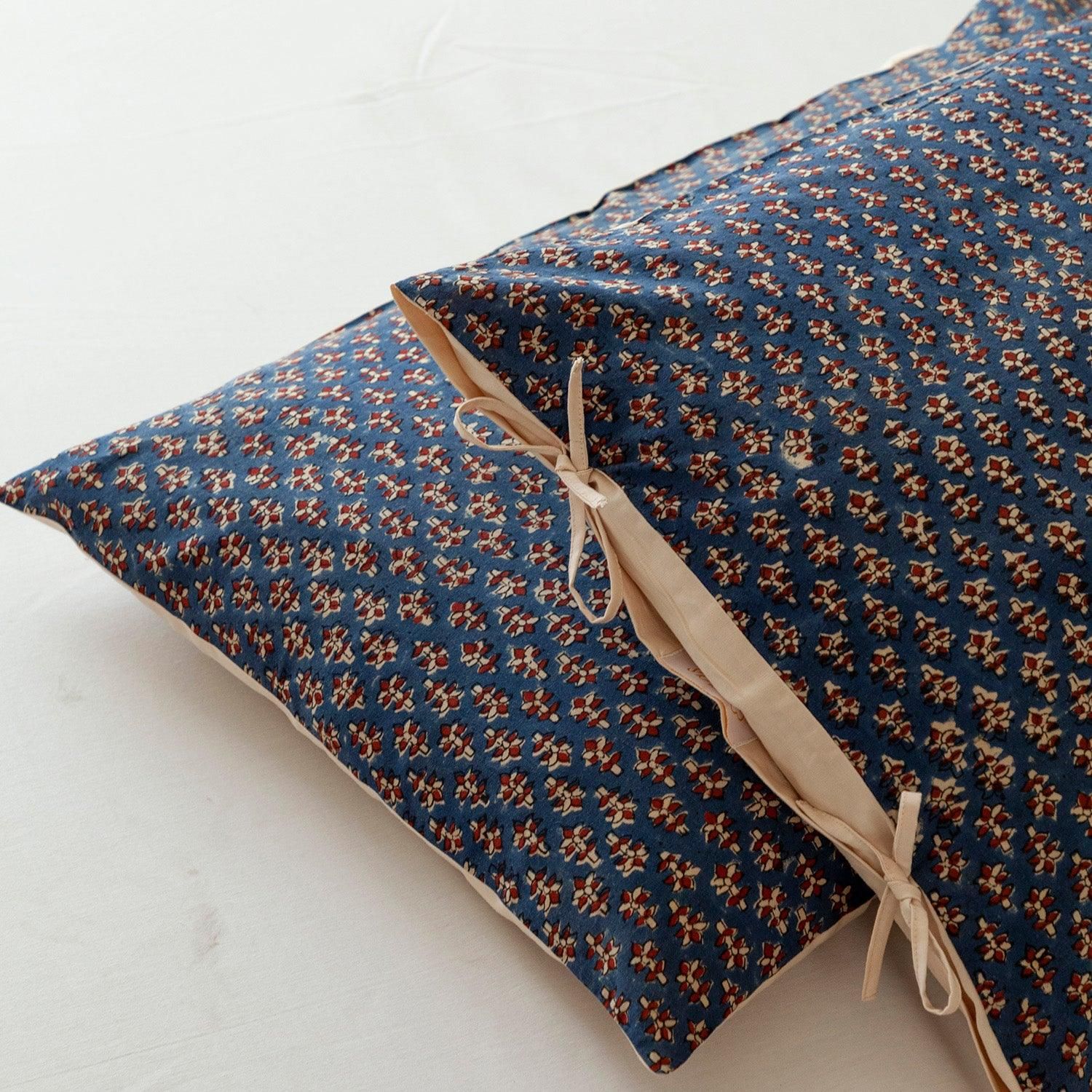 Kalamkari Printed Pillow Cover Set of 2, Navy Blue-Navy Blue, Maroon & Beige / 100% Cotton / 18 x 27 Inches