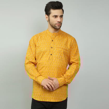 mustard Cotton printed full sleeves kurta style shirt-S