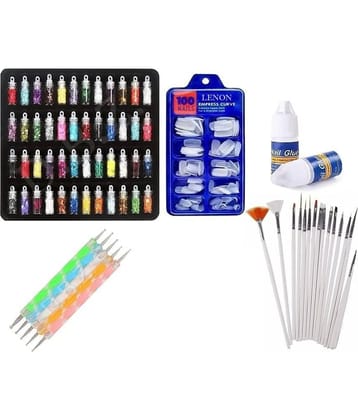 Nail Art Kit - 48 Pcs Glass Bottles Glitter Stones, 100 Nails, 15 Nail Art brush, 5 Nail Dotting Pen with 1 Glue (Nail Art Kit)