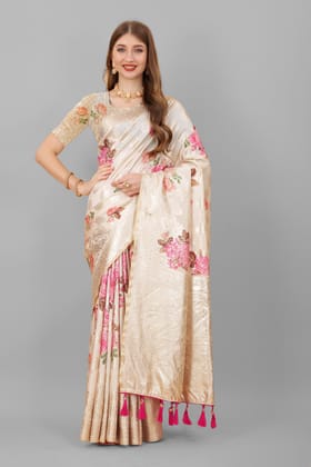 Yavira silk Women's White Floral Silk Blend Saree