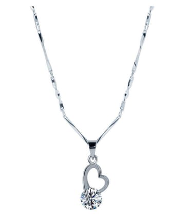 Silver Plated chain With Beautiful Heart Shape Solitaire Diamond Pendant  For Women - Silver