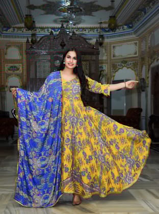 Yellow Kiran Foil printed kurta set-S