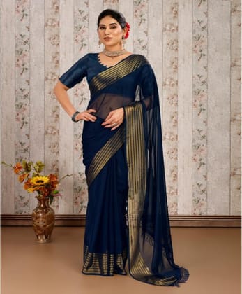 Women's Chiffon Fabric Plain Saree with Unstitched Blouse (Blue, 5-6 Mtrs)