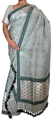 Elegant Assamese Mekhla Chador - Pastel Surigreen Mulberry Silk Saree with Silver Jheri Work, Includes Matching Blouse - Perfect for Weddings, Festivals, and Cultural Celebrations