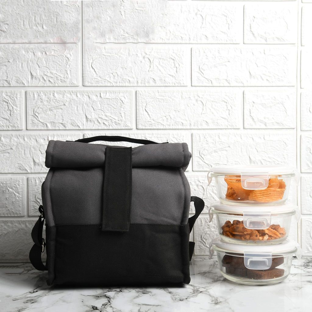 Femora Borosilicate Glass Round Container Grey Black Canvas Lunch Box-380ml, Set of 3