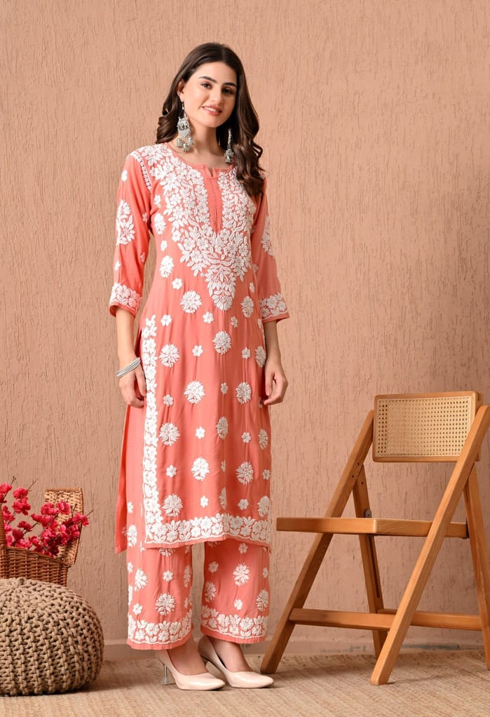 Hand Embroidered Chikankari Plazo Set 3d Work- Peach