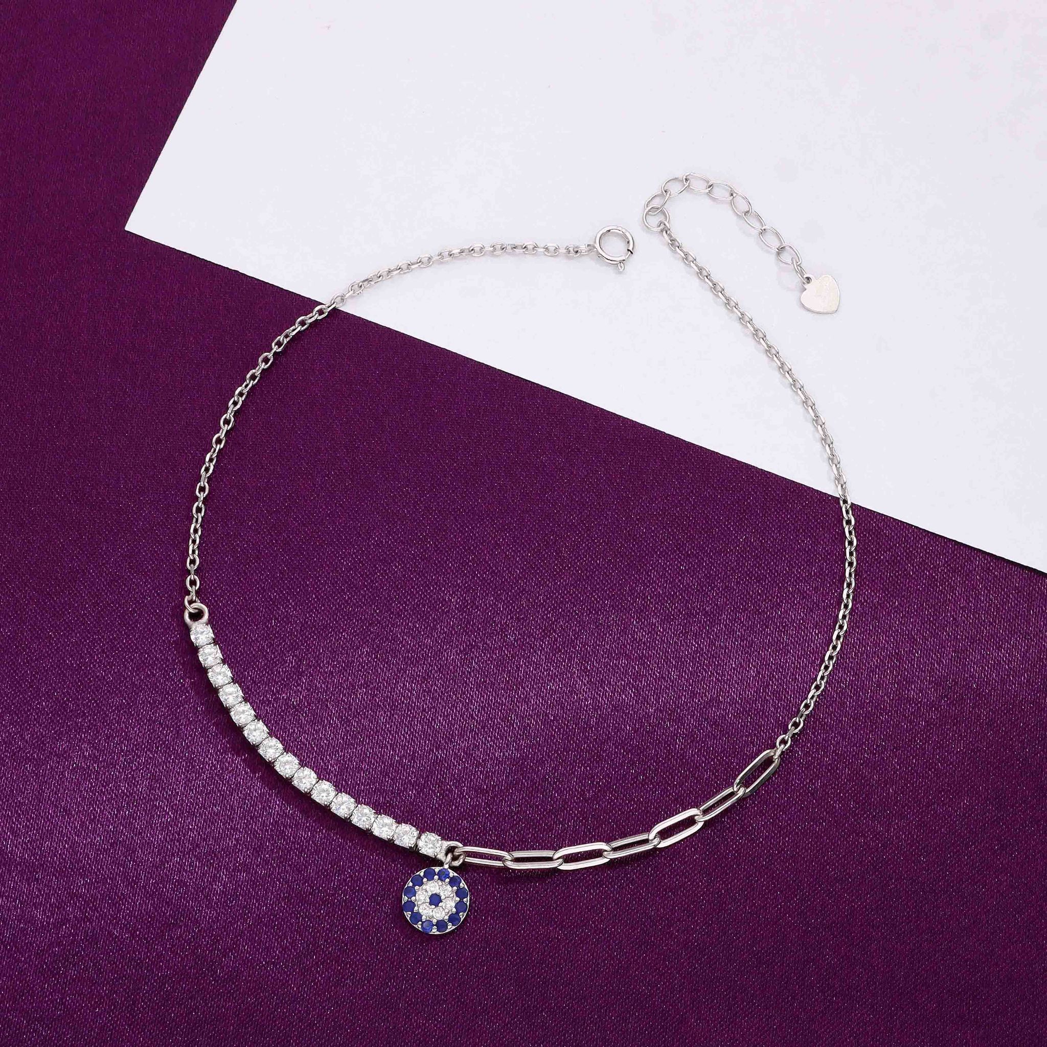 SINGLE EVIL EYE ZIRCON STUDDED SILVER ANKLET-White Stone / Silver