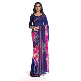 SVB Sarees Womens Blue Colour Georgette Printed Saree With Blouse Piece