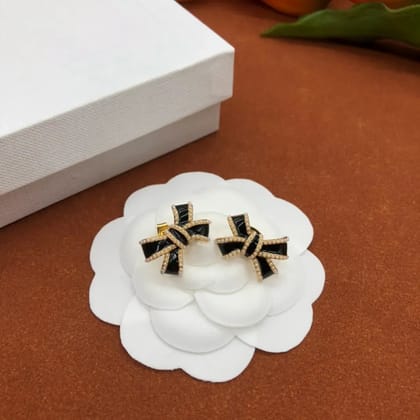 Korean Bow Stone Stud Earrings-Black