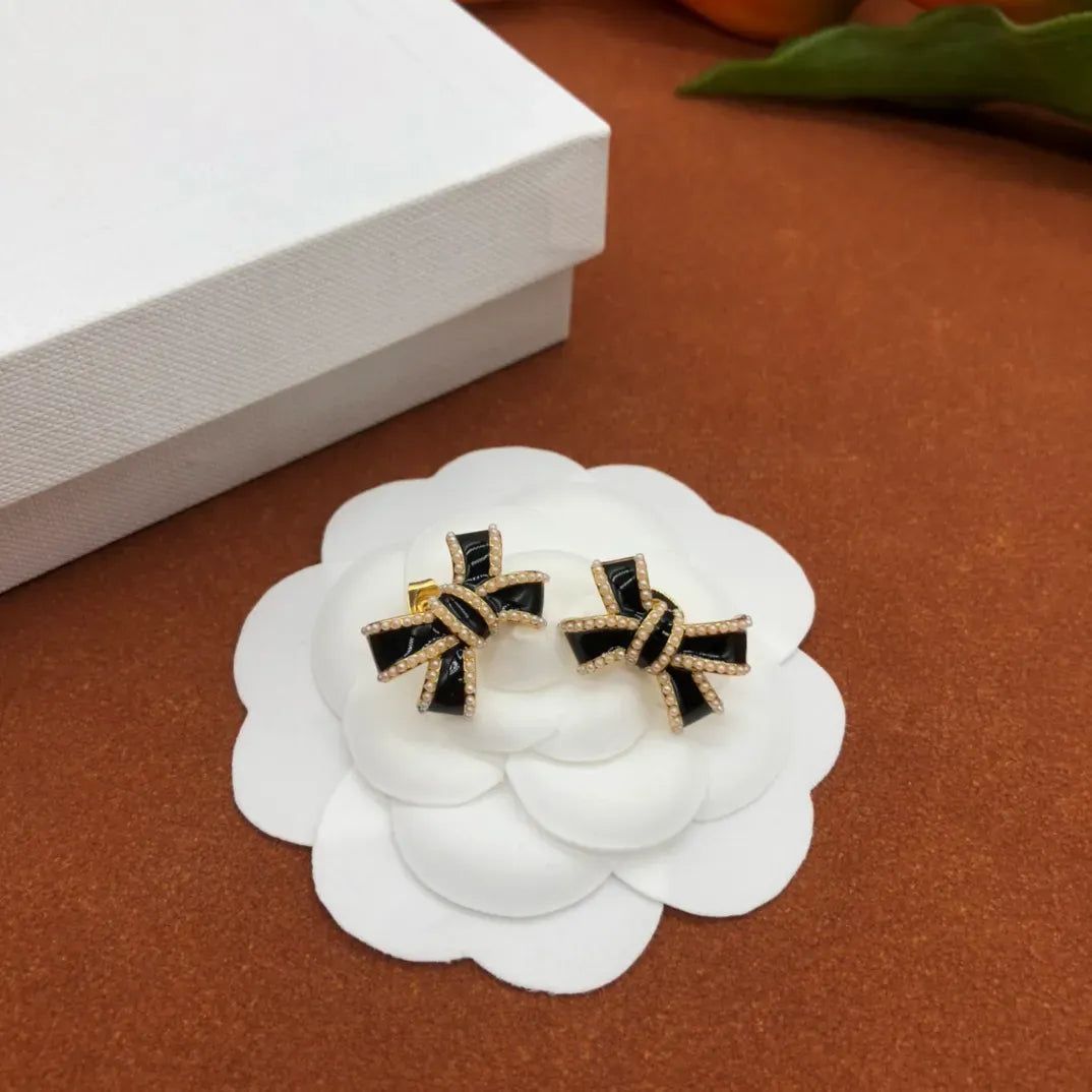Korean Bow Stone Stud Earrings-Black