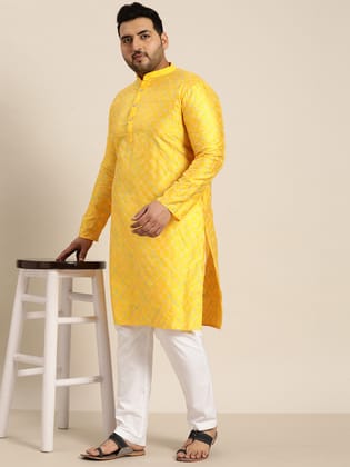 Men's Silk Blend Mustard Kurta with Multi Color embroidery & White Pyjama-44