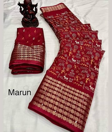 Bhuwal Fashion Art Silk Printed Saree With Unstitched Blouse Piece ( Maroon )