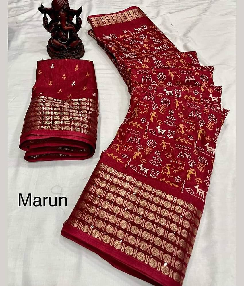 Bhuwal Fashion Art Silk Printed Saree With Unstitched Blouse Piece ( Maroon )