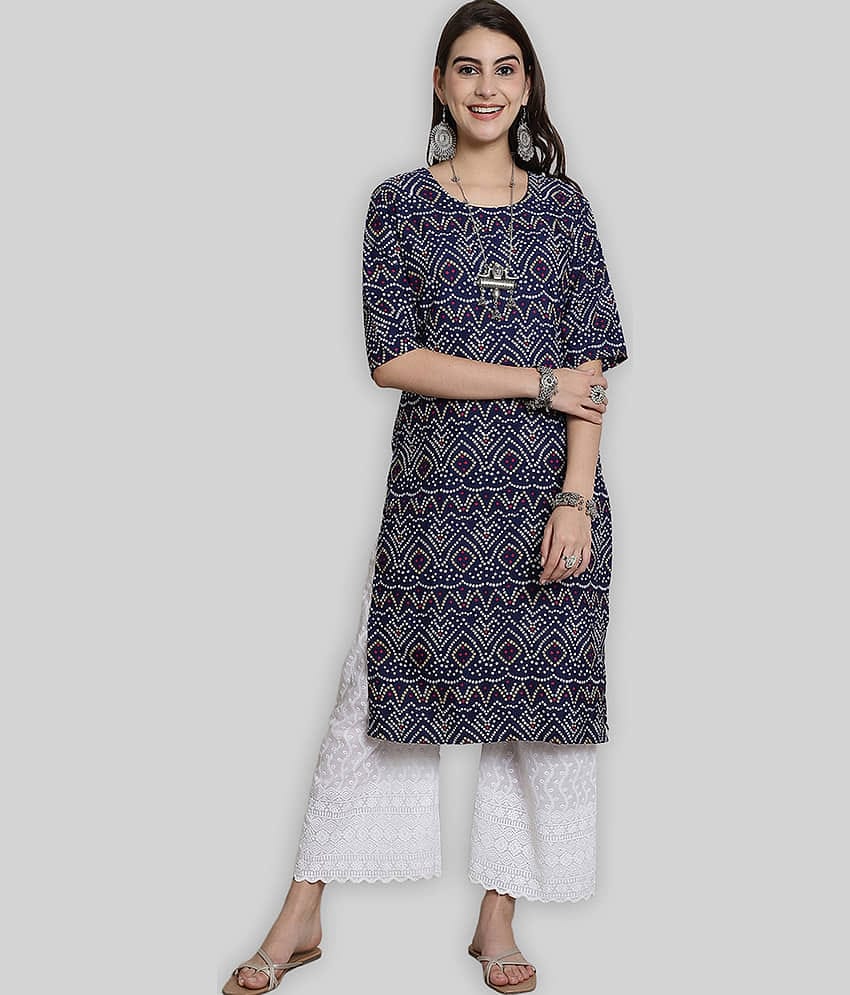 7Threads Crepe Printed Straight Women's Kurti - Blue ( Pack of 1 )