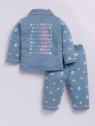 Blue Cotton Full Sleeves Typography Nightwear Set-6-9 m