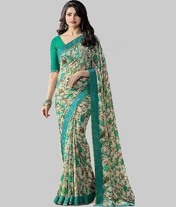 Gazal Fashions Chiffon Printed Saree With Unstitched Blouse Piece ( Green )