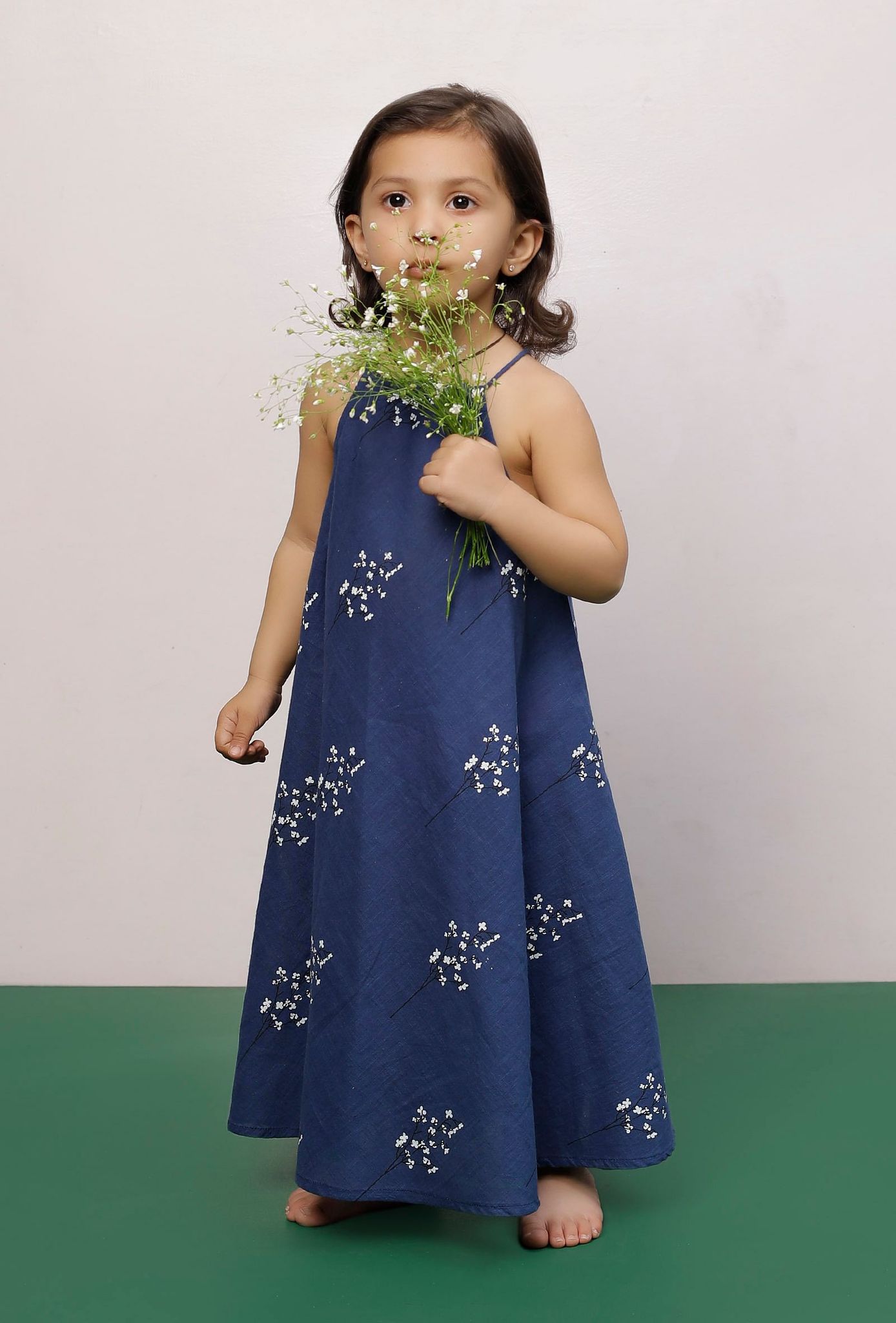 Navy Blue Cotton Slub Block Printed Dress-2-3Y
