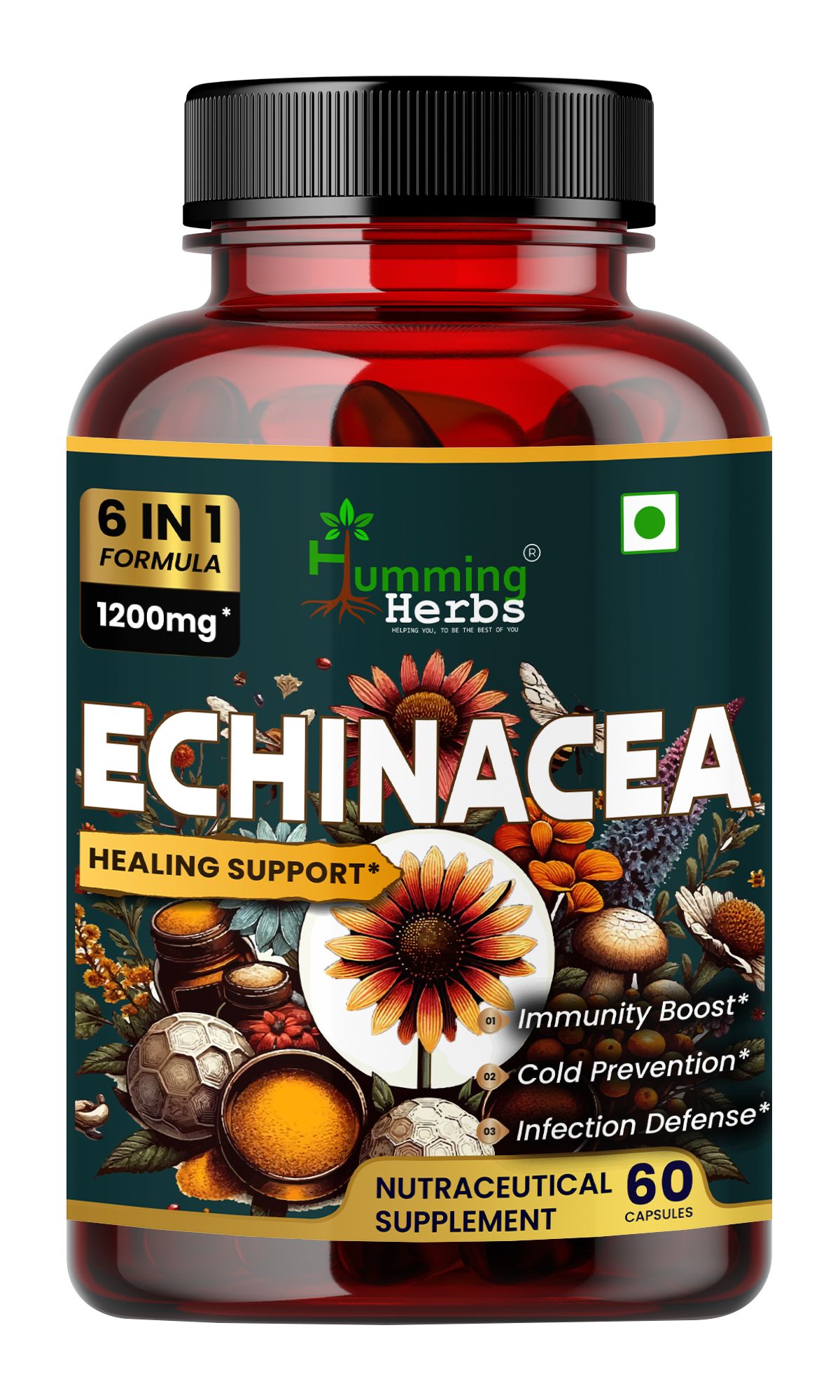 Humming Herbs Echinacea 1200mg with Elderberry, Bee Propolis & Selenium - Immune Support Complex for Cold Prevention & Healing - Antioxidant, Immunity Boosting & Defense From Infection