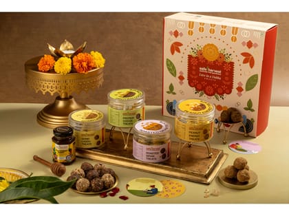 Safe Harvest Sweets Gift Box - Contains Gond Laddu Treats, Protein Cocoa Treats, Roasted Gram Treats , Wild Honey &  Peanut Energy Treats