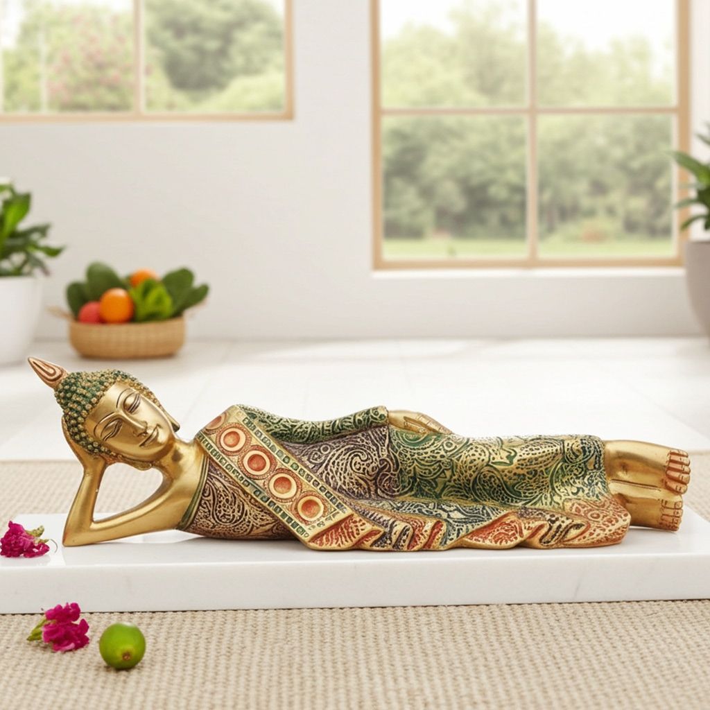 Brass Sleeping Buddha Idol - Spiritual Home Decor Statue, Height : 4.2 Inch (BSMAS136)