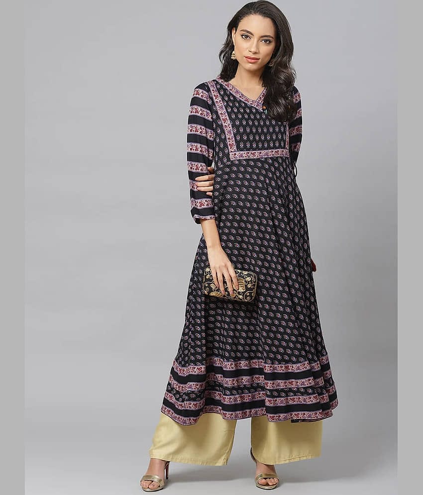 Yash Gallery Pack of 1 Rayon Printed Flared Women's Kurti - ( Black )