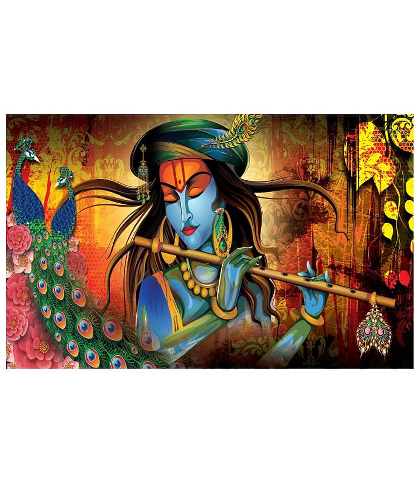 Asmi Collection God Krishna Flute with Peacock Self Adhesive Vinyl Wall Sticker ( 60 x 90 cms )