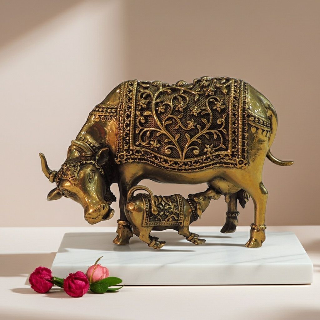 Brass Cow With Calf Idol | Kamdhenu Style Vastu Decor, Height : 4 Inch (BSMAS1771 B)