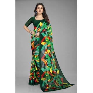 Multicolour Pure Georgette Printed Saree With Blouse Piece